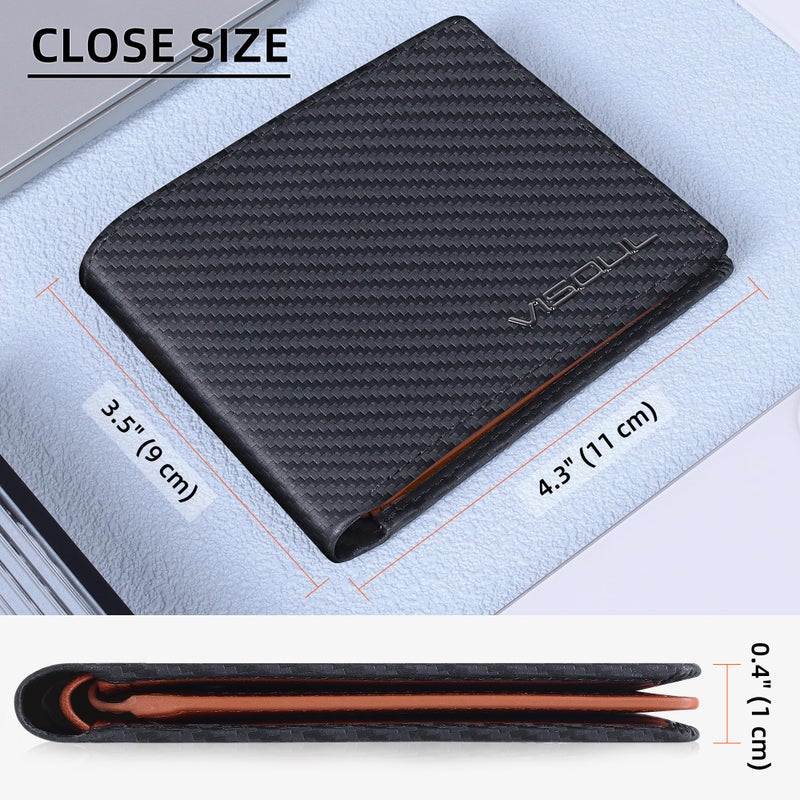 VISOUL Mens Bifold Wallet with 2 ID Windows Carbon Fiber Leather, RFID Blocking Wallet with 2 Money Compartments, Stylish Two-tone Back Pocket Wallet for Men (Black+Orange) - Image 4
